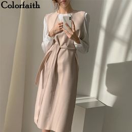 Colorfaith New Autumn Spring Women Dresses Sashes Solid Split Straight Knitting Warm Sweater Elegant Office Ladies DR7199 201028