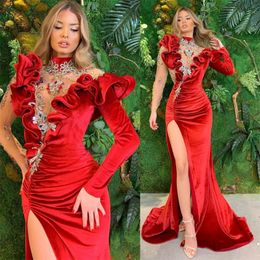 Sexy Side Split Velvet Evening Dresses Crystal Beads Red Prom Gown Illusion Neck Long Sleeves Sweep Train Custom Made Formal Party Dress