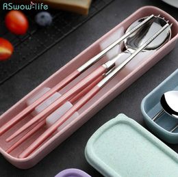 304 Stainless Steel Chopsticks Spoon Set Fork Creative Adult Portable Korean Tableware Students Outdoor Tableware Cutlery Set 201116