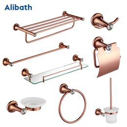 Luxury Rose Gold Bathroom Accessories Brass Wall Mounted Toilet Brush Paper Towel Holder Rack Glass Shelf Bath Hardware Set. LJ201209