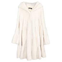 Nerazzurri Winter pleated white faux karakul fur coat women with hood flare sleeve Soft fluffy fake fur coats for women fashion 201029