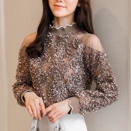 Coffee Rose Sexy Mesh Women Top Spring Blouses Shirts Ruffle Long Sleeve Cold Shoulder Tops Causal Pleated Blusas 907G 201201