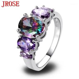 Cluster Rings Wholesale- JROSE Women Fashion Mysterious Purple Rainbow CZ Silver Plated Ring Size 6789 10 11 12 13 Engagement Jewelry Wholes