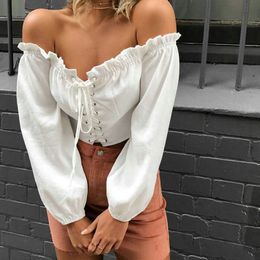 Summer Off Shoulder Sexy Women Blouse Shirt Lace Up Long Sleeve White Solid Shirts Short Bandage Cropped Tops Orange Blusas LJ200831