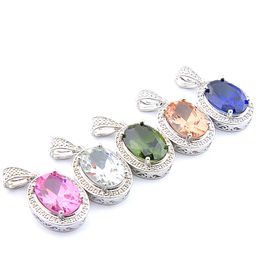 Mix 5PCS Rainbow New Luckyshine 925 sterling Silver Classic Oval Pink Topaz Peridot Morganite Gems Necklaces Pendants For Lady Party Gift