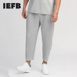 IEFB /men's wear pleated trousers for male Japanese stretch fabric thin style loose drawstring casual ankle-length pants 9Y3050 201114