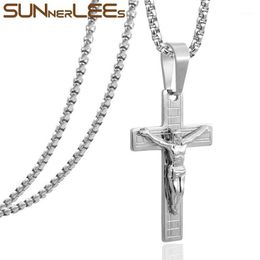 Pendant Necklaces SUNNERLEES 316L Stainless Steel Jesus Christ Cross Necklace Beads Link Chain Men Women Gift SP2131