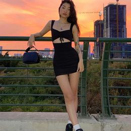 Sexy Hollow Black Mini Dress for Women Summer Sleeveless Drawstring V-neck Backless Slim Party Bodycon Dress Club Outfits MD0081 T200526