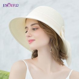 ENJOYFUR Summer Sun Hats For Women New Arrival Ribbon Bow-knot Beach Hat Casual Sun Hats For Vacation Y200602