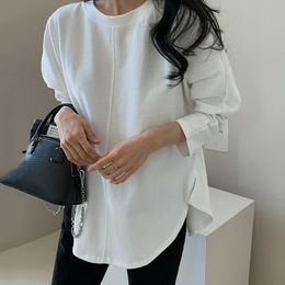 Korean Japanese White T Shirt Women Fashion Spring Solid Color Long Sleeve O Neck T-Shirt Loose Elegant Top Ropa Mujer 201014