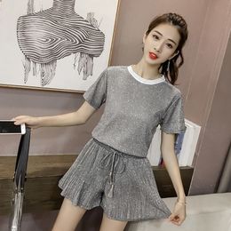 Hot Sale Summer Women Fashion Bright Two Piece Set Casual High Waist Women's Suit Office Lace Up Tops And Wide Leg Shorts T200325