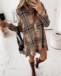 Elegant Turn-down Collar Button Shirt Dress Women 2021 Spring Plaid Print Irregular Party Dress Autumn Long Sleeve Mini Dresses Y0118