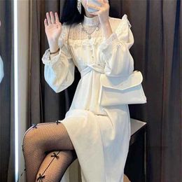 French Lace Vintage Dres Fashion Puffer Sleeve Elegant Dress Korean Spring High Street Slim Midi Dress Y2k 211221