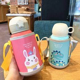 Children Thermos Boys and Girls Cute Cartoon Vacuum Flask Stainless Steel Straw Drinking Water Bottle Baby Water Bottle Mug Cup 201109