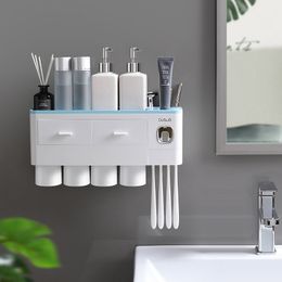 Toothbrush Holder Bathroom Accessories Storage Rack Toothpaste Squeezer Dispenser Automatic Wall Mount Magnetic Adsorption LJ201204