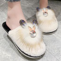 Autumn New fashion Rabbit Rhinestone Ear Headgear Furry Slippers Flat Shoes women Half Drag Indoor furniture Womens Shoes xx663 X1020