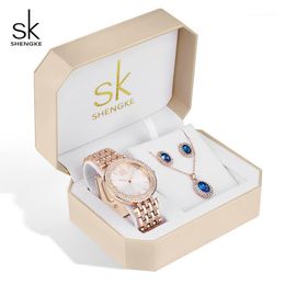 Wristwatches Shengke Creative Crystal Jewellery Set Ladies Quartz Watch 2021 Women Watches Earrings Necklace Women's Day Gift1