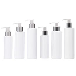 Portable Plastic White Bottle Flat Shoulder PET Matte Silver Shiny Silver Collar Lotion Press Pump Refillable Cosmetic Packaging Container 100ml 150ml 200ml