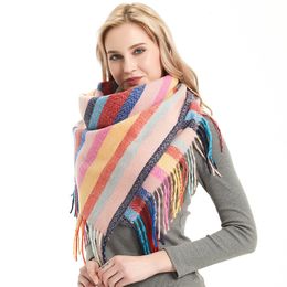 Women Men Autumn Winter Large Scarf Long Tassels Bright Colorful Striped Knit Thick Neck Warm Casual Square Shawl Wrap Blanket CFYL0180