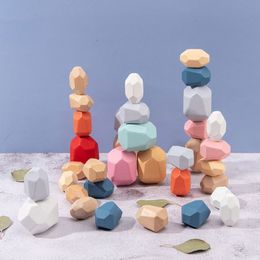 10/16/36 Pcs Children Wooden Coloured Stone Stacking Game Building Block Kids Creative Educational Toy LJ201124