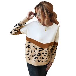 Леопардовый пэчворк свитер осень осень зима вязаные свитера женские o-шеи полный рукав джемпер пуловеры топ хаки коричневая одежда 210521