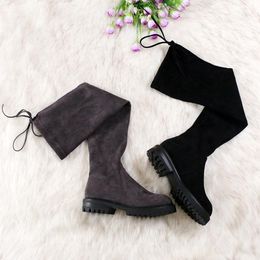 Over The Knee Boots Stretch Flock Lace Up Casual Long Boots Square Heel Autumn Winter Round Toe Women Shoes Size34-43