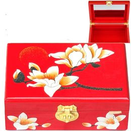 Fancy Chinese Lacquerware Jewellery Storage Case Box with Lock Mirror Wooden Box Decoration Storage Makeup Box Wedding Gift