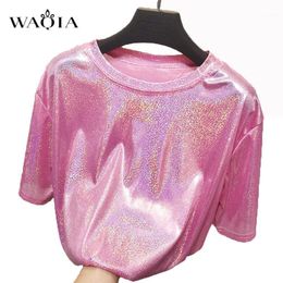 Women's T-Shirt WAQIA Summer Retro Stylish Bright Silk Woman Tops Shiny Loose Short Sleeve Sexy Club Aesthetic Harajuku Women Tshirt1