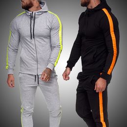 Men's Fashion Solid Color Striped Hoodie Set Men Casual Hooded Tracksuit Suit Male Winter Gym Sweatshirt Hoodies Pants Sets 201118