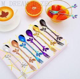 Leaf Branch Coffee Stirring Spoons Colourful Stainless Steel Tree Leaves Fruit Fork Moon Cake Forks Tableware Exquisite Gift Cutlery
