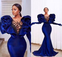 2021 Royal Blue Prom Dresses Long Sleeves Mermaid Sequins Ruffle Beads Satin Sweep Train Scoop Neck Illusion Custom Made Evening Party Gowns 401 401