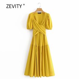 New women fashion solid Colour cross v neck bow tied midi dress chic female puff sleeve casual slim vestidos party dresses DS4095 Y0118