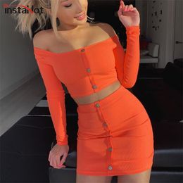 InstaHot Orange Knitted Off Shoulder 2 Piece Set Women Spring Summer Button Skinny Slash Neck Crop Tops Sexy Mini Skirts Elastic LJ201125