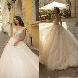 Oksana 2021 Wedding Dresses Capped Sleeve Appliques Beads Lace Bridal Gowns Custom Made Button Back Sweep Train A-Line Wedding Dress