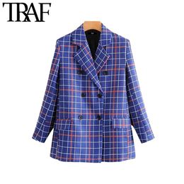 TRAF Women Vintage Stylish Double Breasted Plaid Blazer Coat Fashion Long Sleeve Pockets Office Wear Female Outerwear Chic Tops LJ200815