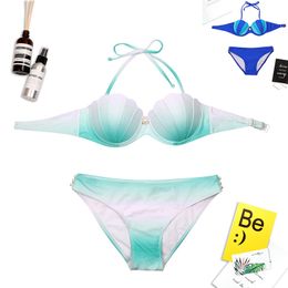 2021 Hot Blue Green Gradient Ramp Color Bikini Sexy Women Swimsuits Shell Bra Pearl 2PC Halter Bikini Set