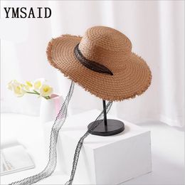 Ymsaid New Fashion Women Summer Straw Hat Lace Ribbon Lace-Up Beach Caps Fashion Ladies Panama Sun Hat Party hat Y200714