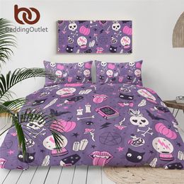 BeddingOutlet Black Magic Bedding Set Witchcraft Bedspread Crystal Ball Duvet Cover Skull Bats Bed Set Witching Purple Bedlinen 201113