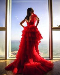 Red Tiered 2021 Evening Dresses One Shoulder Feather Beaded Crystals Ruched Pleats Sweep Train Custom Made Prom Party Gowns Vestido