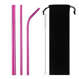 Drinking Straws 5-Pcs Metal Reusable Straw Colourful Pink Eco-Friendly Set 304 Stainless Steel With Brush Pouch Bag1