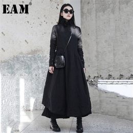 [EAM] New Spring Winter Ruffled Collar Long Sleeve Black Irregular Big Hem Fold Loose Long Dress Women Fashion Tide JI098 201028