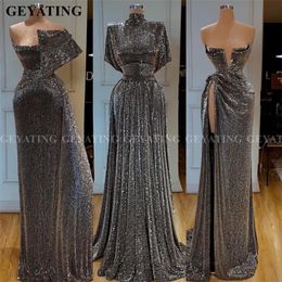 Dubai Gray Sequin One Shoulder Mermaid Evening Dress Long Sleeve High Slit African Prom Dresses High Neck Arabic Formal Gowns T200604