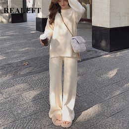REALEFT Autumn Winter 2 Pieces Women's Sets Knitting Tracksuit O-Neck Split Sweater and Loose Wide Leg Pants Pullover Suits 220315