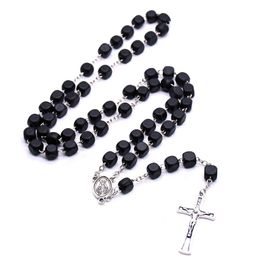 Black Square Wood Christ Rosary Neckalce Vintage Cross Beads Strand Necklace Long Religious Pray Jewelry New