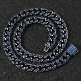 Hip Hop 12mm Miami Curb Cuban Chain Necklace For Men Black Blue Iced Out Cuban Link Chain Necklace