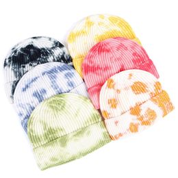 Free DHL 6 Colors INS Winter Tie Dye knitted hats Adults Trendy Warm Chunky Soft Stretch Cable Cap Knit Beanie Stingy Brim