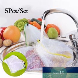 5Pcs/lot White Premium Polyester Mesh Fruit & Vegetable Reusable Storage Bags Black Rope Mesh Bags for Kitchen Accessories