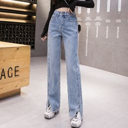 High Waist Wide Leg Loose Straight Split Hem Jeans for Women S M L XL 210522