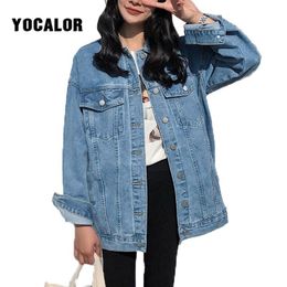 YOCALOR Solid Jean Jeans Jacket For Women Loose Casual Blue Women Coats Female Outwear Denim Feminine Chaqueta Mujer Coat Autumn 201106