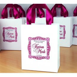 bag tags personalized Australia - Personalized Wedding Welcome Bags with Fucshia satin ribbon and custom tag, Elegant Paper Bags for Wedding Favors for guests1